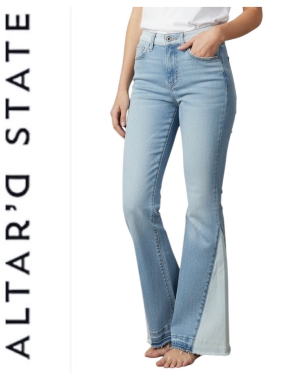 Altar’d State Two-Tone Flare Jeans High Rise Raw Hem Light Wash Size W29 L34